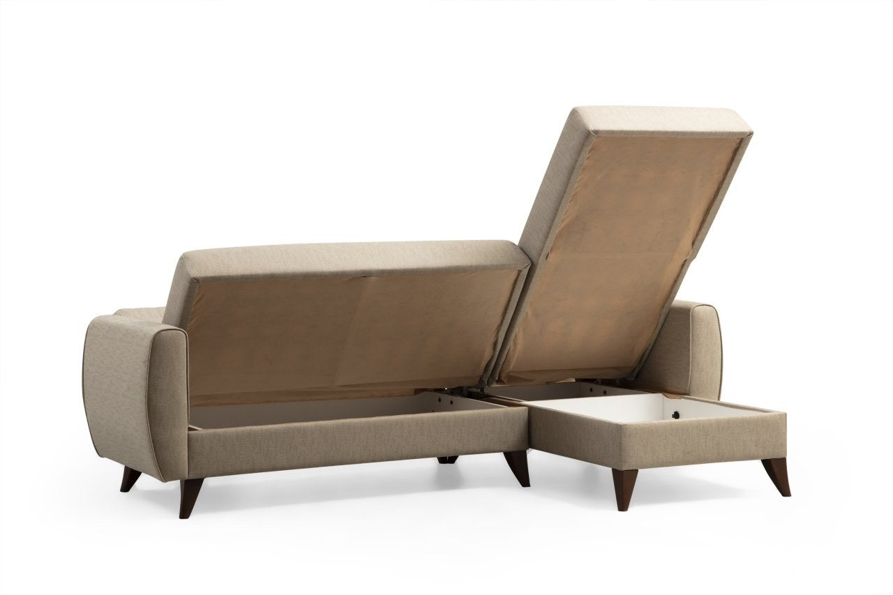 Ecksofa Schlaffunktion mit Chaiselongue Rechts, 3-Sitzer, aus Stoff, Alkon Beige (4)