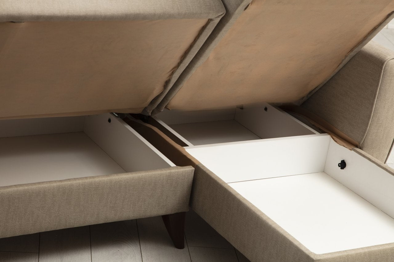 Ecksofa Schlaffunktion mit Chaiselongue Rechts, 3-Sitzer, aus Stoff, Alkon Beige (5)