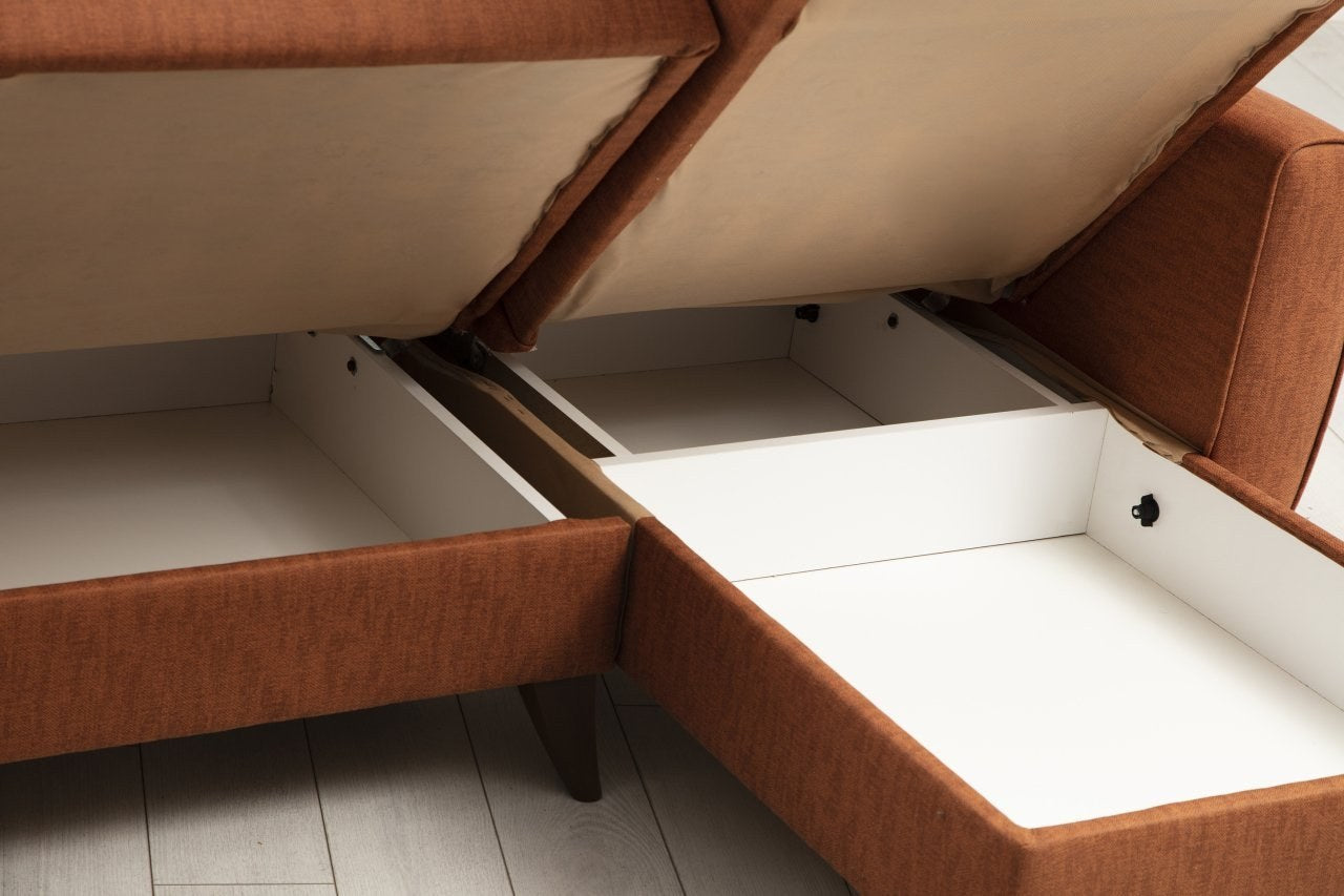 Ecksofa Schlaffunktion mit Chaiselongue Rechts, 3-Sitzer, aus Stoff, Alkon Rost (5)