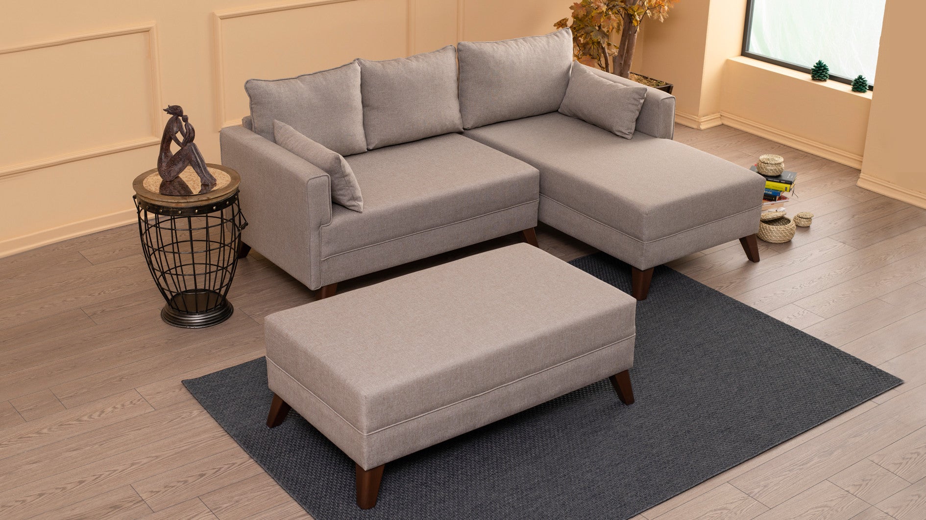 Ecksofa Schlaffunktion mit Chaiselongue Rechts, 4-Sitzer, aus Stoff, Bella 2 Creme (2)