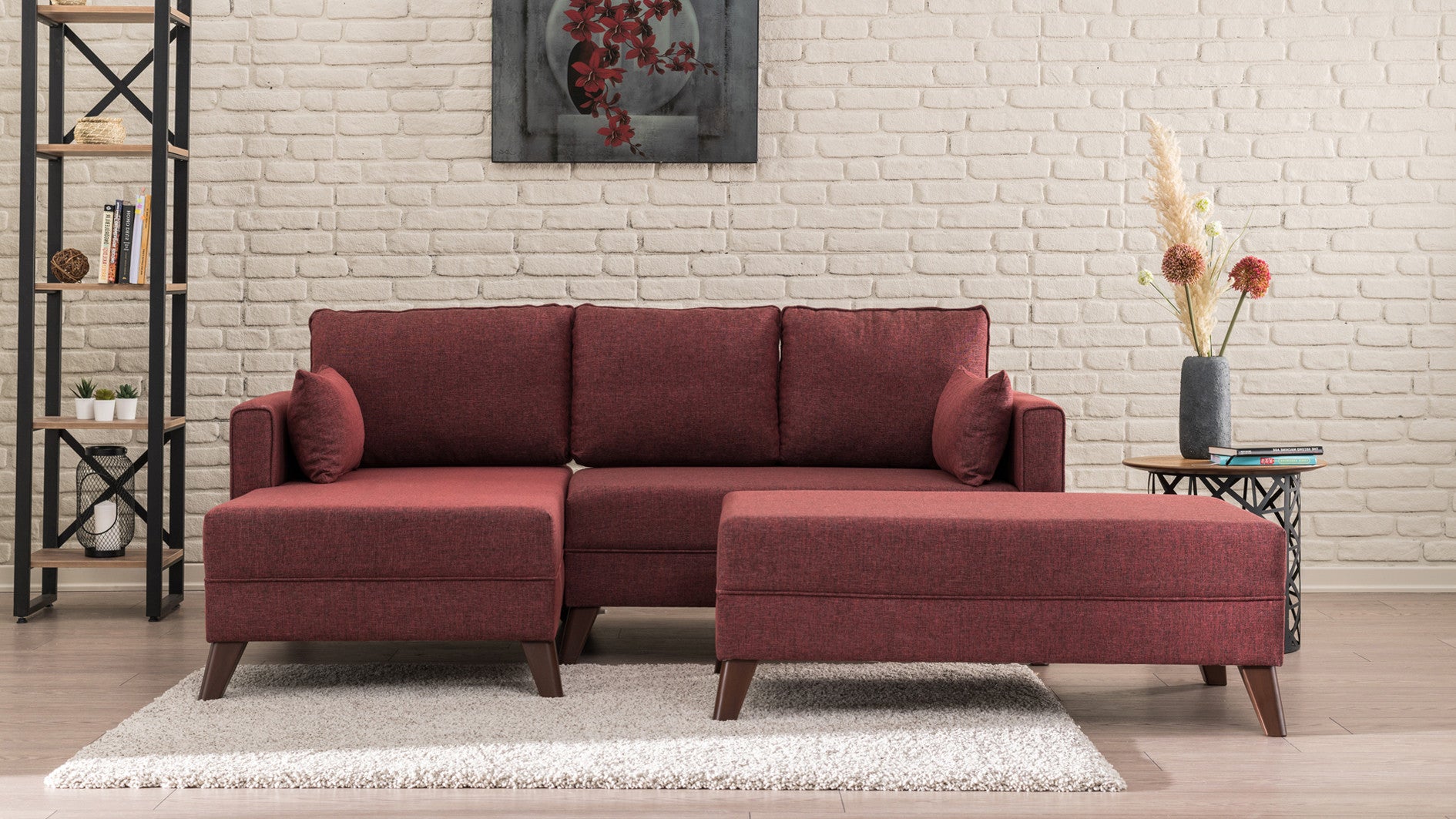 Ecksofa Schlaffunktion mit Chaiselongue Links, 4-Sitzer, aus Stoff, Bella 2 Bordeaux (1)