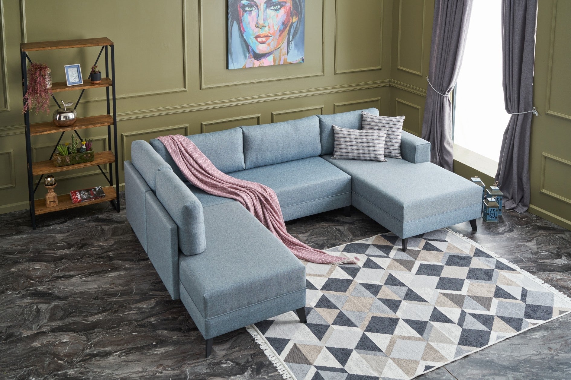 Ecksofa Schlaffunktion mit Chaiselongue Links, 4-Sitzer, aus Stoff, Efsun Blau (2)