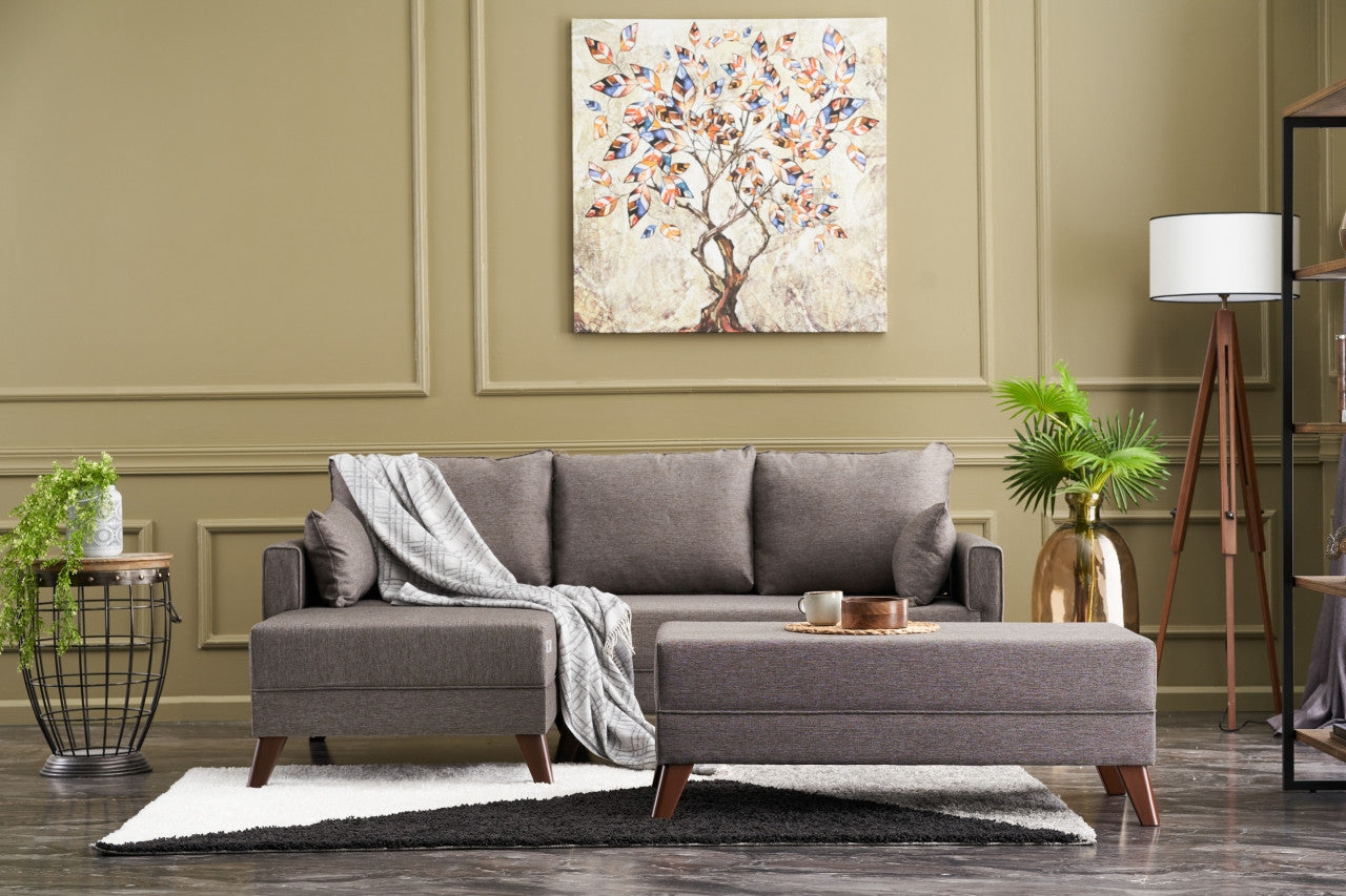 Ecksofa Schlaffunktion mit Chaiselongue Links, 4-Sitzer, aus Stoff, Bella Mini Braun