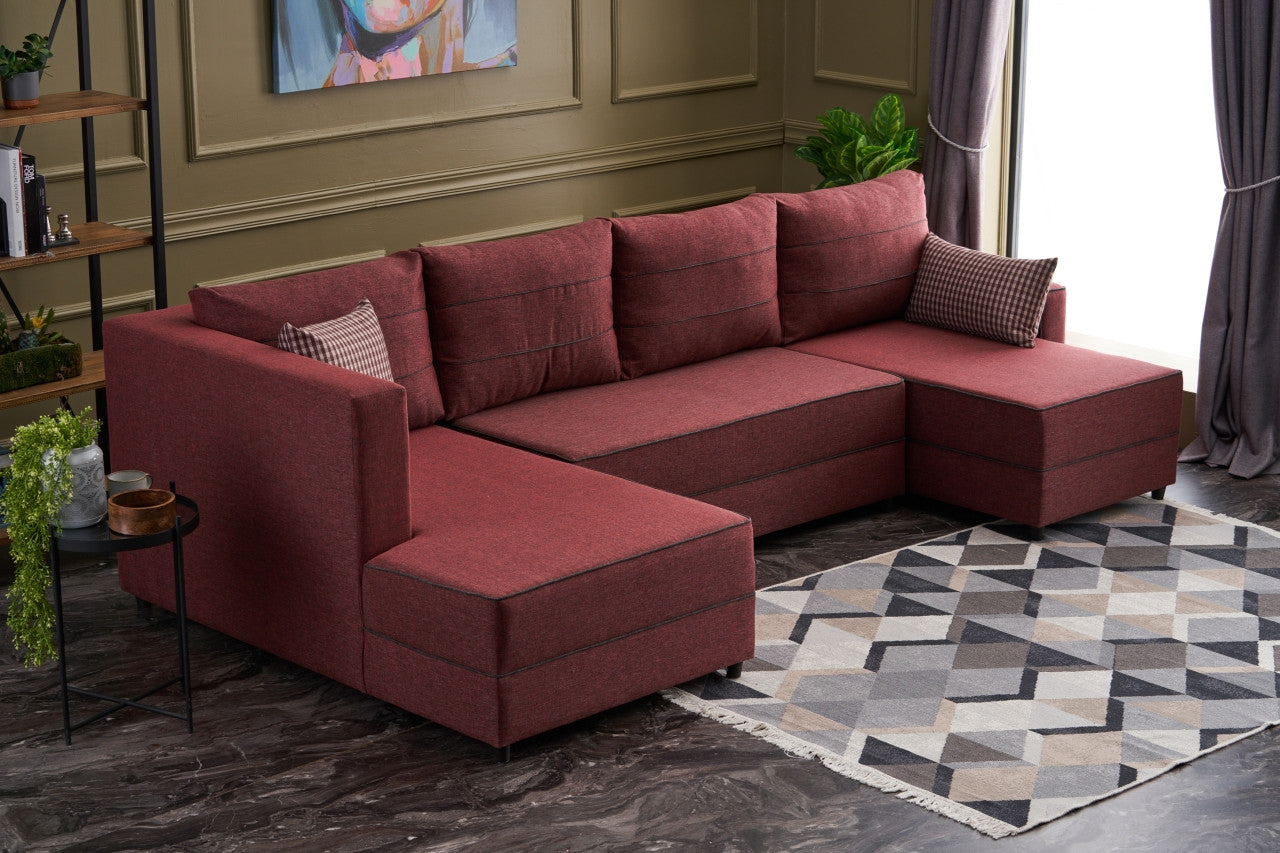 Ecksofa Schlaffunktion mit Chaiselongue Links, 4-Sitzer, aus Stoff, Ece Panoramik Bordeaux (1)