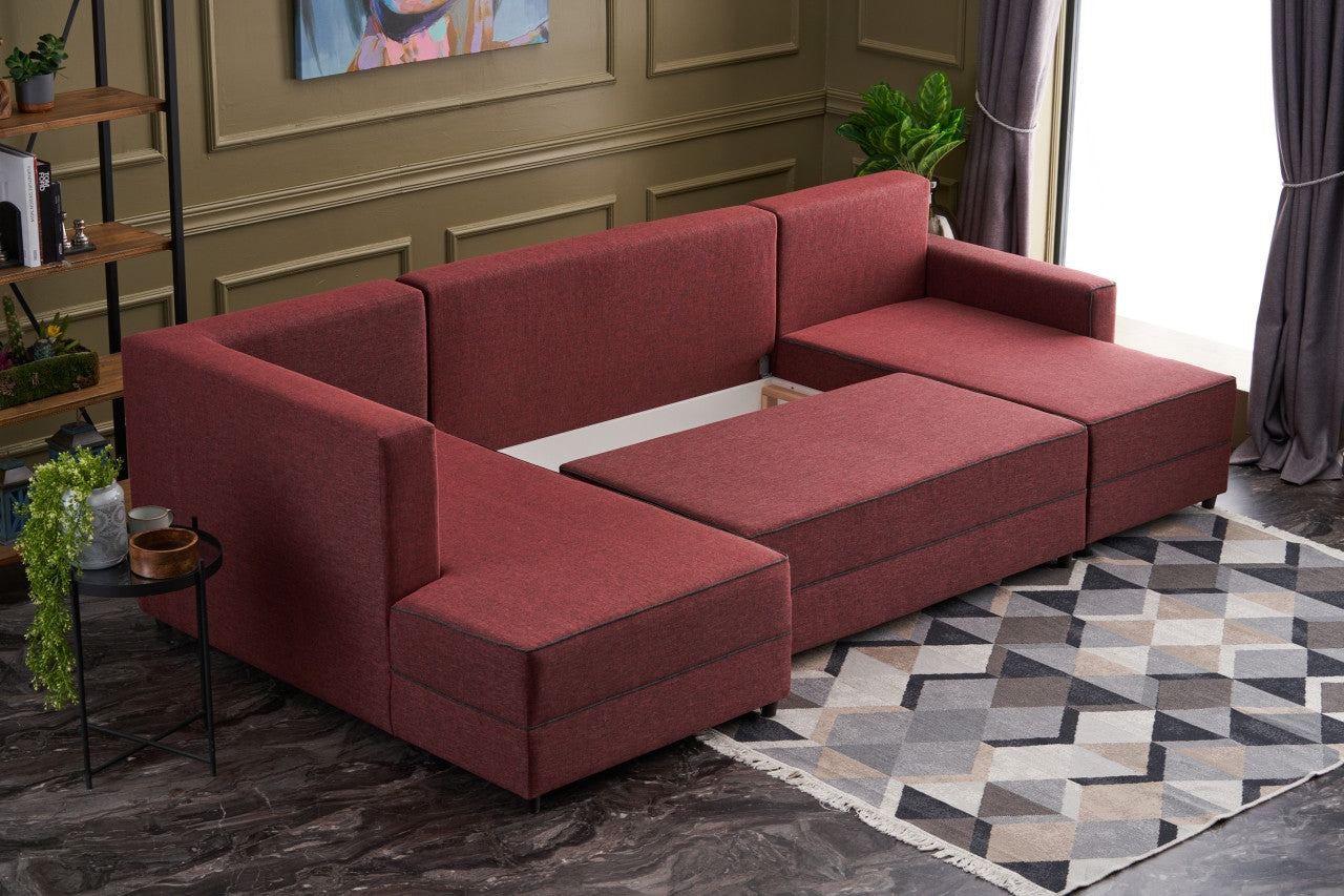 Ecksofa Schlaffunktion mit Chaiselongue Links, 4-Sitzer, aus Stoff, Ece Panoramik Bordeaux (2)