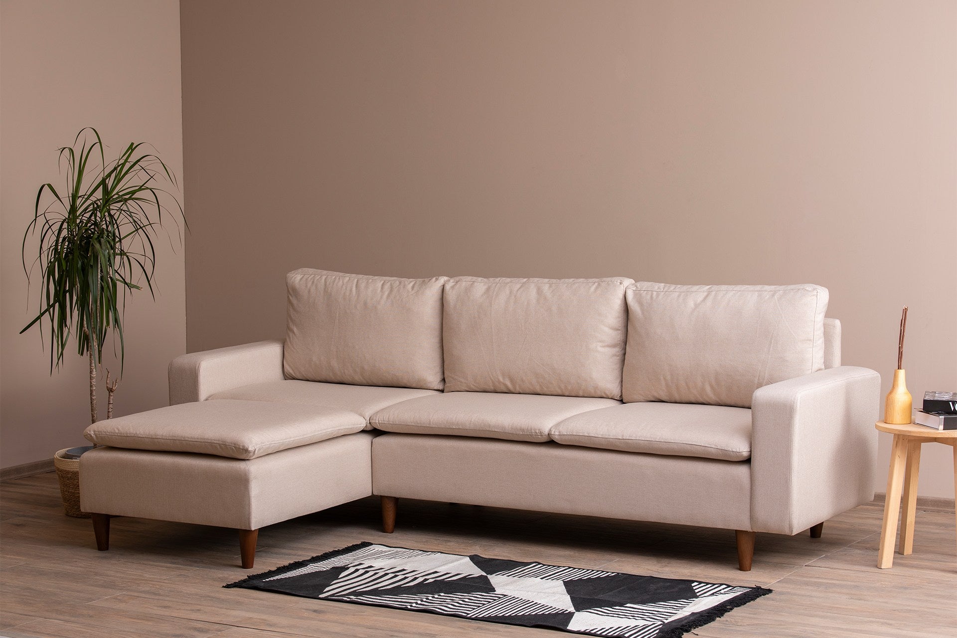 Ecksofa Schlaffunktion mit Chaiselongue Links, 2-Sitzer, aus Stoff, Lungo Creme (2)