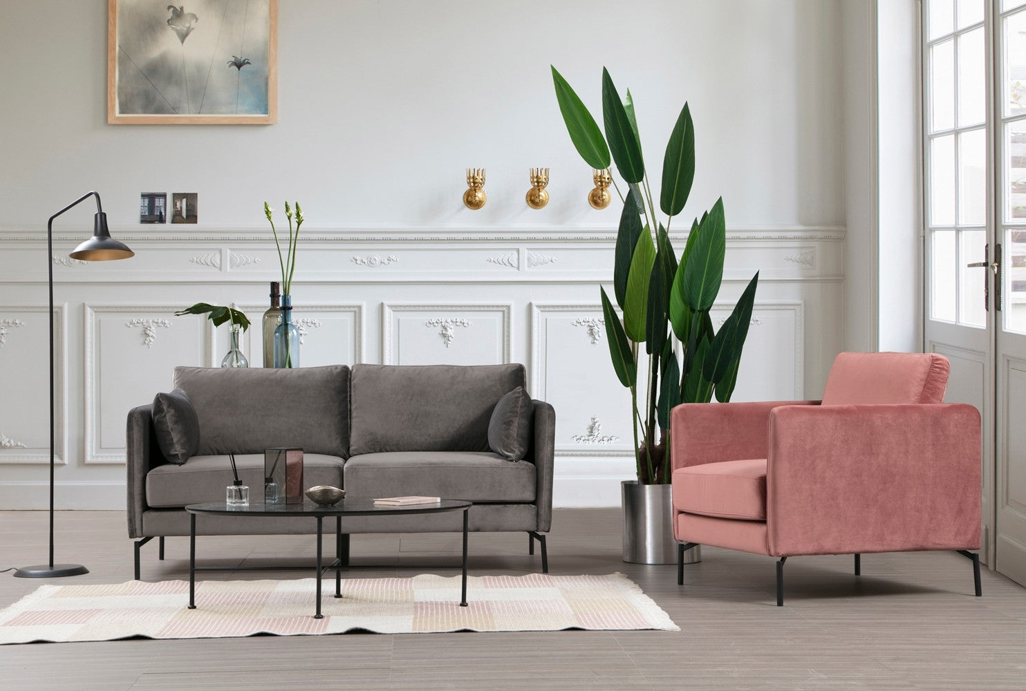 Sofa 2-Sitzer mit Samtstoff, Sino Grau (1)