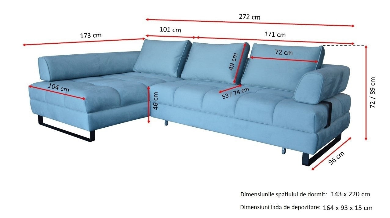 Ecksofa Schlaffunktion mit Chaiselongue Rechts, 4-Sitzer, Hanna Blau (3)