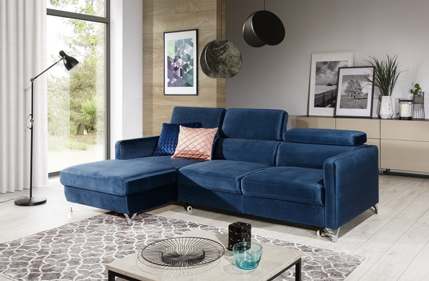 Ecksofa Schlaffunktion mit Chaiselongue Links, 3-Sitzer, aus Samtstoff, Mazzi Small Blau