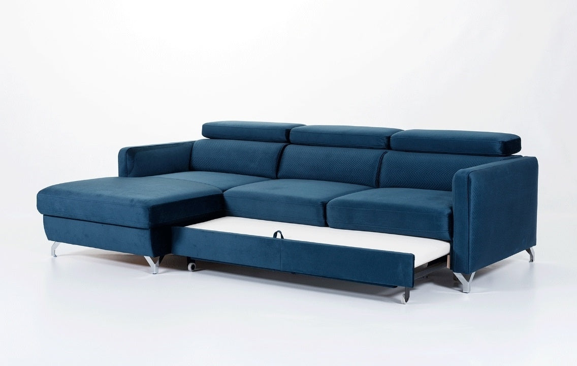 Ecksofa Schlaffunktion mit Chaiselongue Links, 3-Sitzer, aus Samtstoff, Mazzi Small Blau (2)