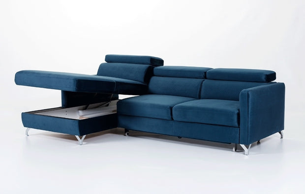 Ecksofa Schlaffunktion mit Chaiselongue Links, 3-Sitzer, aus Samtstoff, Mazzi Small Blau (3)
