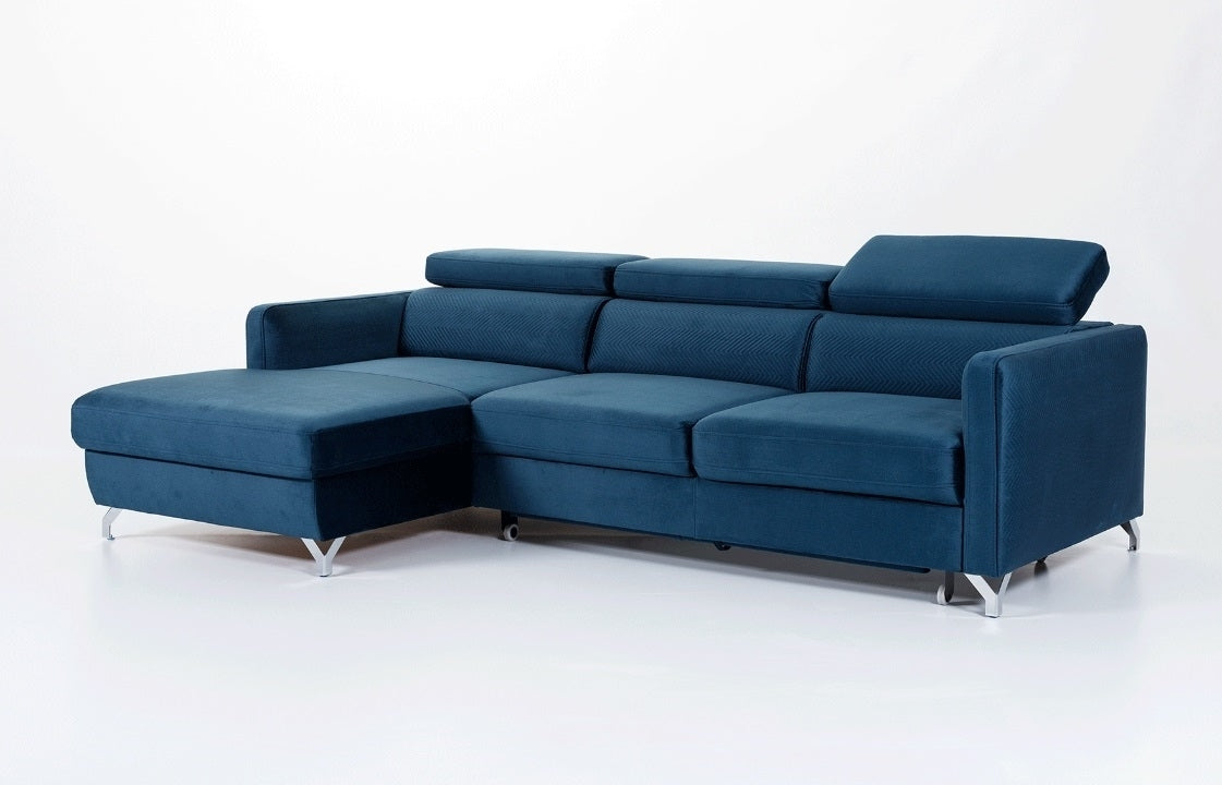 Ecksofa Schlaffunktion mit Chaiselongue Links, 3-Sitzer, aus Samtstoff, Mazzi Small Blau (1)