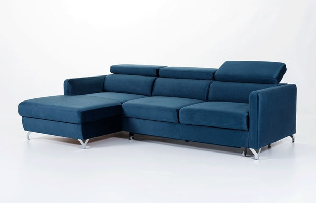 Ecksofa Schlaffunktion mit Chaiselongue Links, 3-Sitzer, aus Samtstoff, Mazzi Small Blau (1)