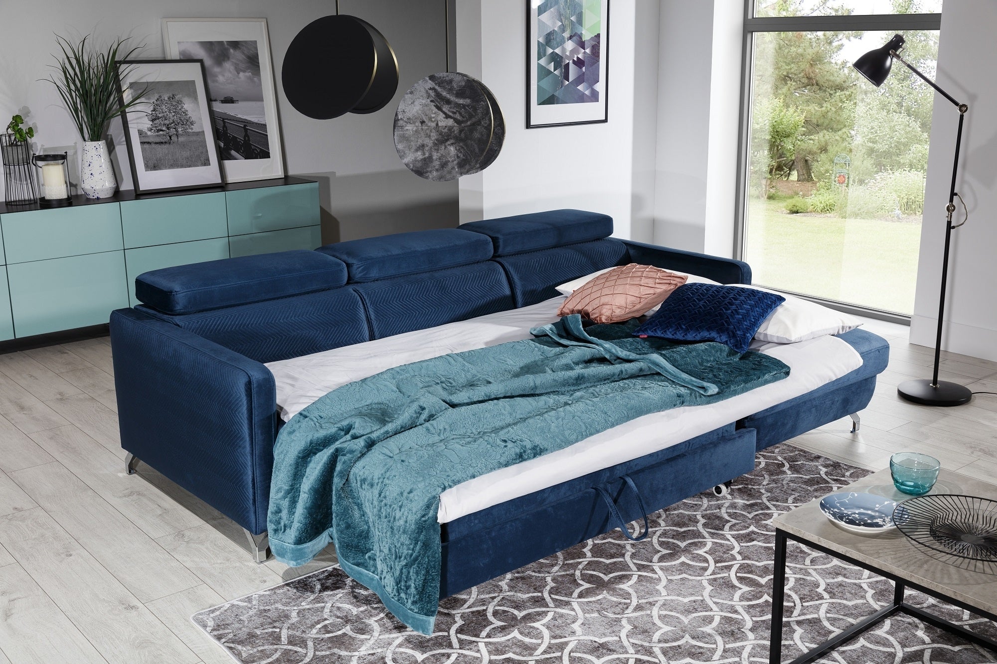 Ecksofa Schlaffunktion mit Chaiselongue Links, 3-Sitzer, aus Samtstoff, Mazzi Small Blau (4)