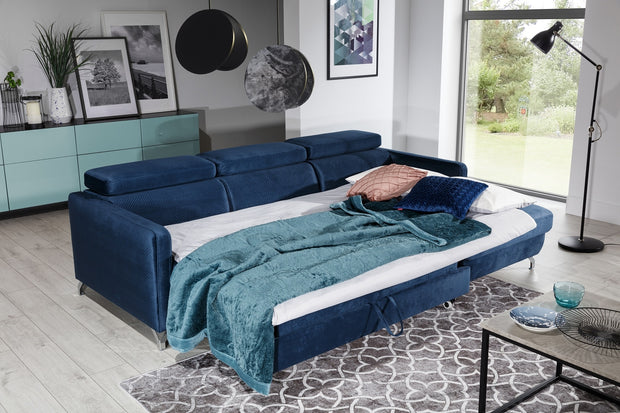 Ecksofa Schlaffunktion mit Chaiselongue Links, 3-Sitzer, aus Samtstoff, Mazzi Small Blau (4)