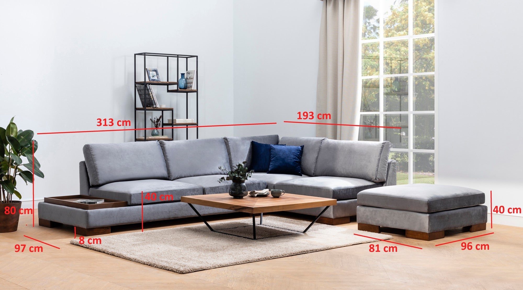 Ecksofa mit Chaiselongue Rechts, 4-Sitzer, aus Samtstoff, Tulip Grau (4)