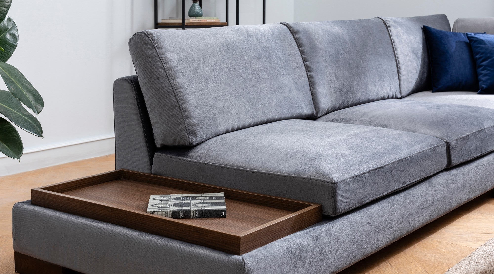 Ecksofa mit Chaiselongue Rechts, 4-Sitzer, aus Samtstoff, Tulip Grau (2)