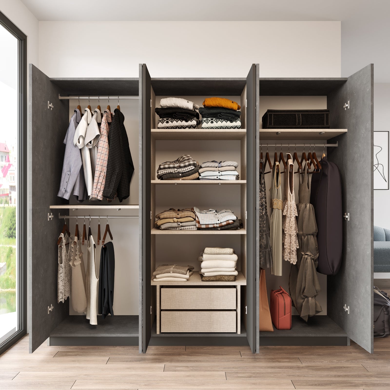 Drehtürenschrank mit 6 türen und spiegel, New Home Large HM3-RG Grau (2)