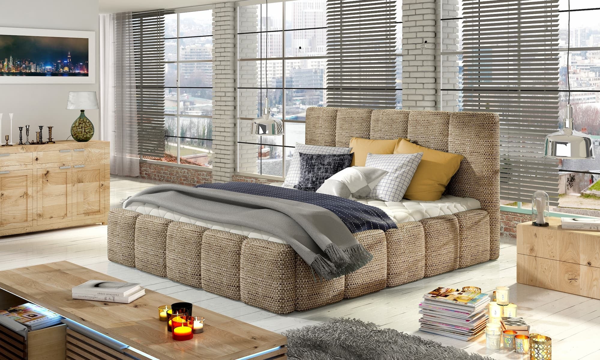 Polsterbett mit Stauraum, aus Stoff, Edvis Neutral (2) & ELTMPL-BED-EDVIGE-BEG-SET2-NEUTRAL